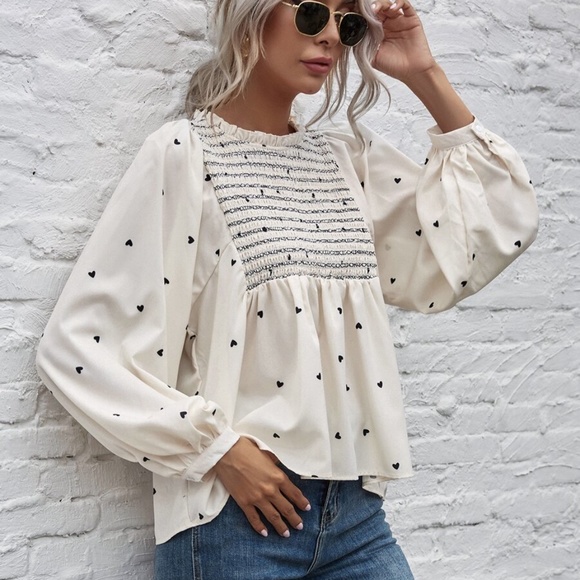 beige heart print ruffle long sleeve top - Picture 10 of 16